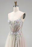 Dusty Rose A-Line Floral Appliques Rhinestones Corset Tulle Strapless Long Prom Dress with Slit