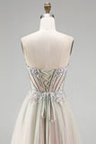 Dusty Rose A-Line Floral Appliques Rhinestones Corset Tulle Strapless Long Prom Dress with Slit