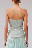 Mint Sequins Pleated Chiffon A-Line Strapless Long Prom Dress with Beading