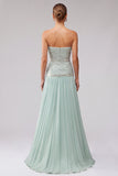 Mint Sequins Pleated Chiffon A-Line Strapless Long Prom Dress with Beading