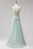 Mint Sequins Pleated Chiffon A-Line Strapless Long Prom Dress with Beading