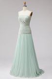 Mint Sequins Pleated Chiffon A-Line Strapless Long Prom Dress with Beading
