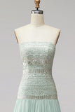 Mint Sequins Pleated Chiffon A-Line Strapless Long Prom Dress with Beading