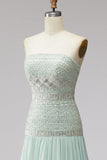 Mint Sequins Pleated Chiffon A-Line Strapless Long Prom Dress with Beading