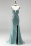 Grey Green Mermaid V-Neck Sequins Beaded Tulle Long Prom Dress with Choker