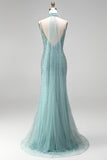 Grey Green Mermaid V-Neck Sequins Beaded Tulle Long Prom Dress with Choker