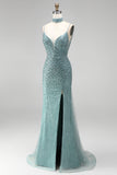 Grey Green Mermaid V-Neck Sequins Beaded Tulle Long Prom Dress with Choker