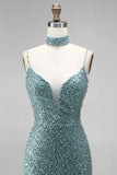 Grey Green Mermaid V-Neck Sequins Beaded Tulle Long Prom Dress with Choker
