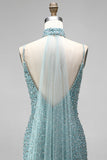 Grey Green Mermaid V-Neck Sequins Beaded Tulle Long Prom Dress with Choker