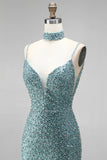 Grey Green Mermaid V-Neck Sequins Beaded Tulle Long Prom Dress with Choker