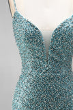 Grey Green Mermaid V-Neck Sequins Beaded Tulle Long Prom Dress with Choker