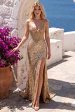 Sparkly Golden Mermaid Corset Rhinestones Sequins Strapless Long Prom Dress with Slit
