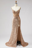 Sparkly Golden Mermaid Corset Rhinestones Sequins Strapless Long Prom Dress with Slit