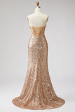 Sparkly Golden Mermaid Corset Rhinestones Sequins Strapless Long Prom Dress with Slit