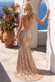 Sparkly Golden Mermaid Corset Rhinestones Sequins Strapless Long Prom Dress with Slit