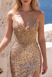 Sparkly Golden Mermaid Corset Rhinestones Sequins Strapless Long Prom Dress with Slit