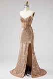 Sparkly Golden Mermaid Corset Rhinestones Sequins Strapless Long Prom Dress with Slit