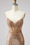 Sparkly Golden Mermaid Corset Rhinestones Sequins Strapless Long Prom Dress with Slit