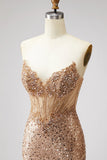 Sparkly Golden Mermaid Corset Rhinestones Sequins Strapless Long Prom Dress with Slit