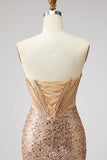 Sparkly Golden Mermaid Corset Rhinestones Sequins Strapless Long Prom Dress with Slit