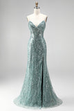 Dusty Green Mermaid Sequins Pearls V-Neck Spaghetti Straps Long Prom Dress with Slit