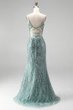 Dusty Green Mermaid Sequins Pearls V-Neck Spaghetti Straps Long Prom Dress with Slit