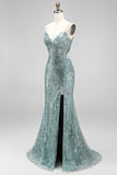 Dusty Green Mermaid Sequins Pearls V-Neck Spaghetti Straps Long Prom Dress with Slit