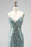 Dusty Green Mermaid Sequins Pearls V-Neck Spaghetti Straps Long Prom Dress with Slit