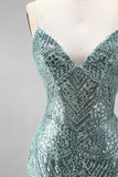 Dusty Green Mermaid Sequins Pearls V-Neck Spaghetti Straps Long Prom Dress with Slit