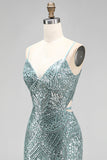Dusty Green Mermaid Sequins Pearls V-Neck Spaghetti Straps Long Prom Dress with Slit