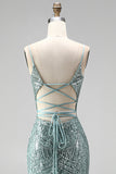 Dusty Green Mermaid Sequins Pearls V-Neck Spaghetti Straps Long Prom Dress with Slit