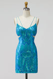 Turquoise Sequins Cut Out Spaghetti Straps Bodycon Short Homecoming Dress