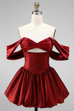 Burgundy Off-the-Shoulder Cut Out Bubble Hem Short Homecoming Dress