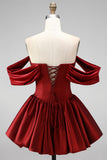 Burgundy Off-the-Shoulder Cut Out Bubble Hem Short Homecoming Dress