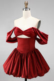 Burgundy Off-the-Shoulder Cut Out Bubble Hem Short Homecoming Dress