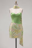 Green Sweetheart Bodycon Sequin Mini Party Dress with Neck Scarf