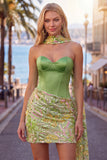 Green Sweetheart Bodycon Sequin Mini Party Dress with Neck Scarf