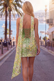Green Sweetheart Bodycon Sequin Mini Party Dress with Neck Scarf