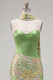 Green Sweetheart Bodycon Sequin Mini Party Dress with Neck Scarf