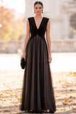 Black Velvet A-Line V-Neck Tulle Long Formal Dress