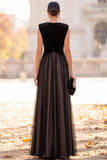 Black Velvet A-Line V-Neck Tulle Long Formal Dress