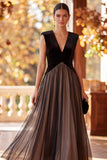 Black Velvet A-Line V-Neck Tulle Long Formal Dress