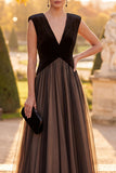 Black Velvet A-Line V-Neck Tulle Long Formal Dress