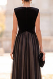 Black Velvet A-Line V-Neck Tulle Long Formal Dress
