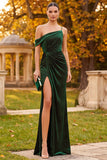 Dark Green Sheath Asymmetrical One Shoulder Beaded Ruched Long Formal Dress with Slit