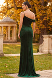 Dark Green Sheath Asymmetrical One Shoulder Beaded Ruched Long Formal Dress with Slit