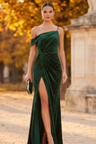 Dark Green Sheath Asymmetrical One Shoulder Beaded Ruched Long Formal Dress with Slit