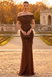 Coffee Off the Shoulder Sheath Ruched Maxi Formal Dress