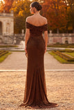 Coffee Off the Shoulder Sheath Ruched Maxi Formal Dress