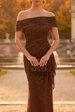 Coffee Off the Shoulder Sheath Ruched Maxi Formal Dress